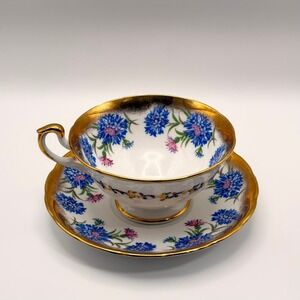 Vintage Salisbury Harvest Time Teacup Saucer Set Blue Cornflower Bone China